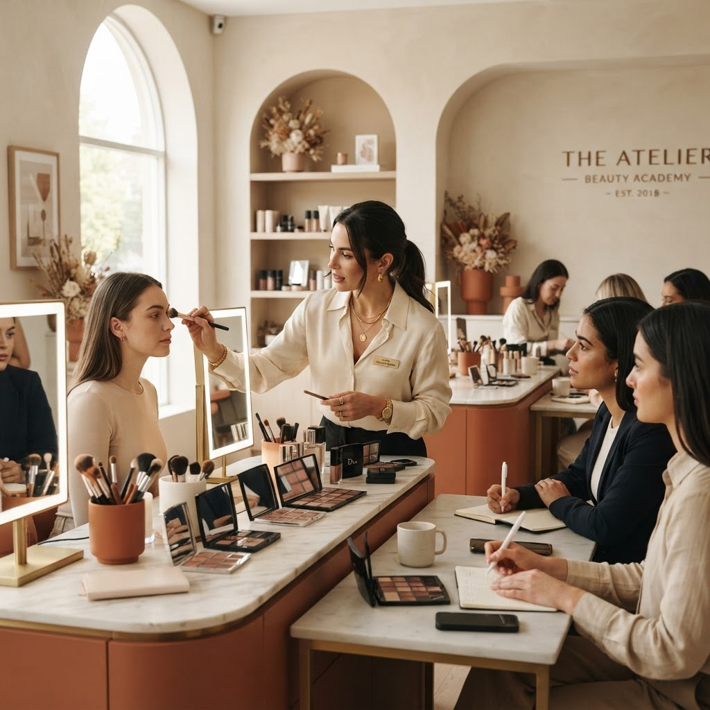 Beauty academy instructor teaching makeup artistry to students