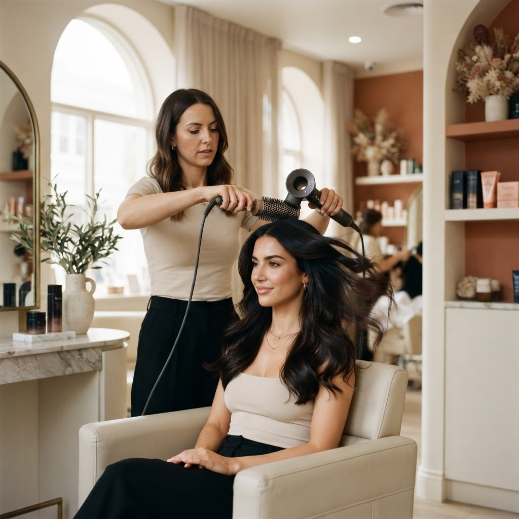 Professional hairstylist styling glossy hair in a luxury salon