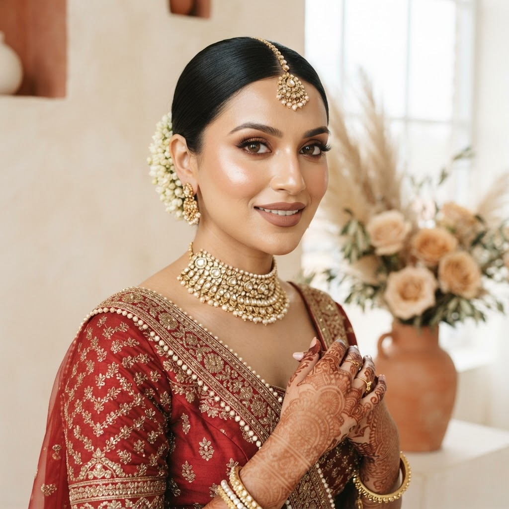 Elegant bride with flawless HD bridal makeup and gold jewelry