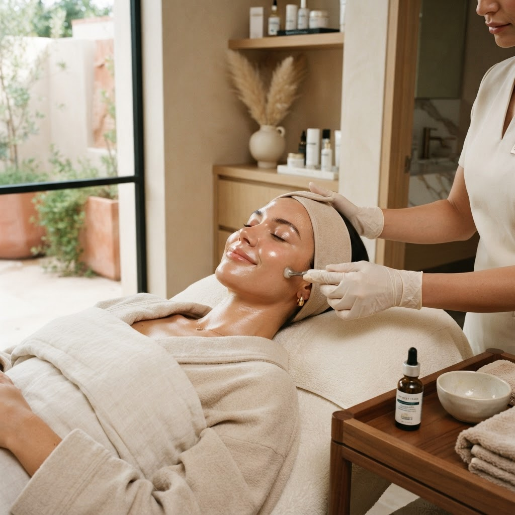 Woman receiving a glowing hydrating facial skin treatment